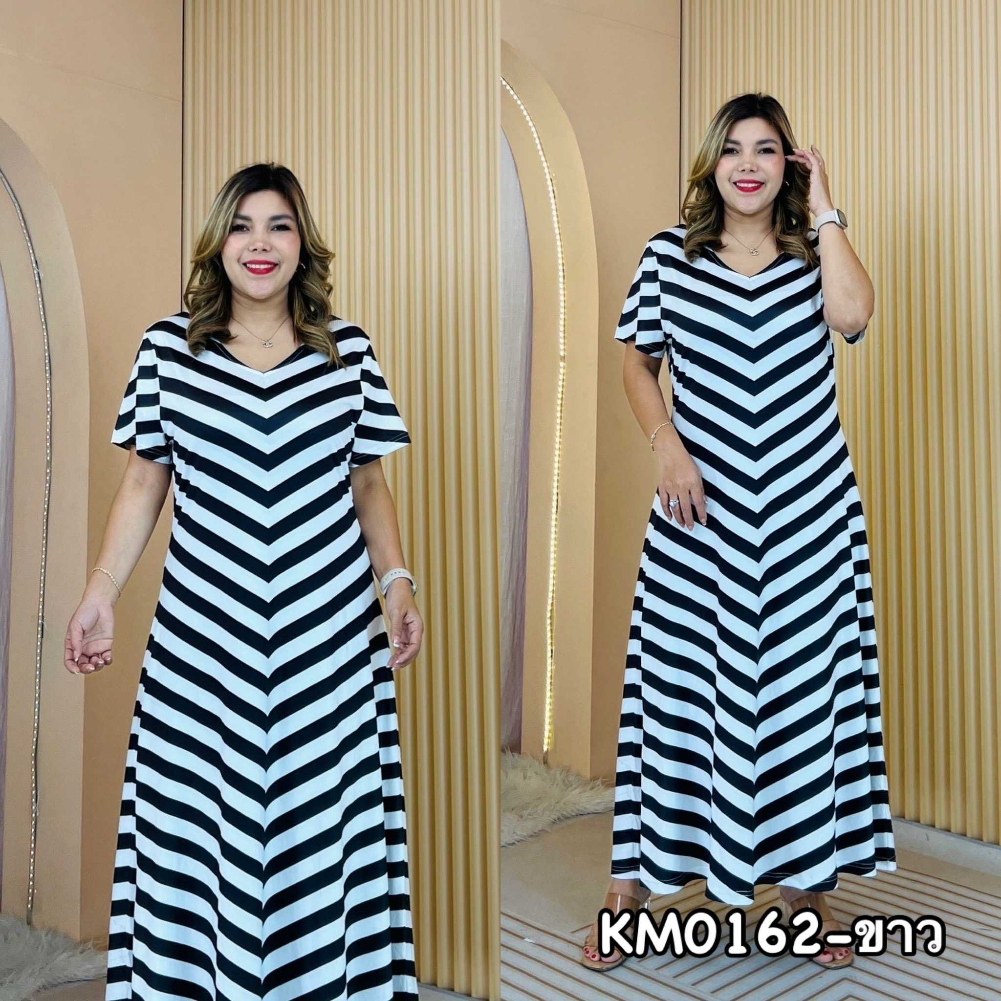 Miafashion​ (KM0162)​ เดรสยาวลายวีเฉียง