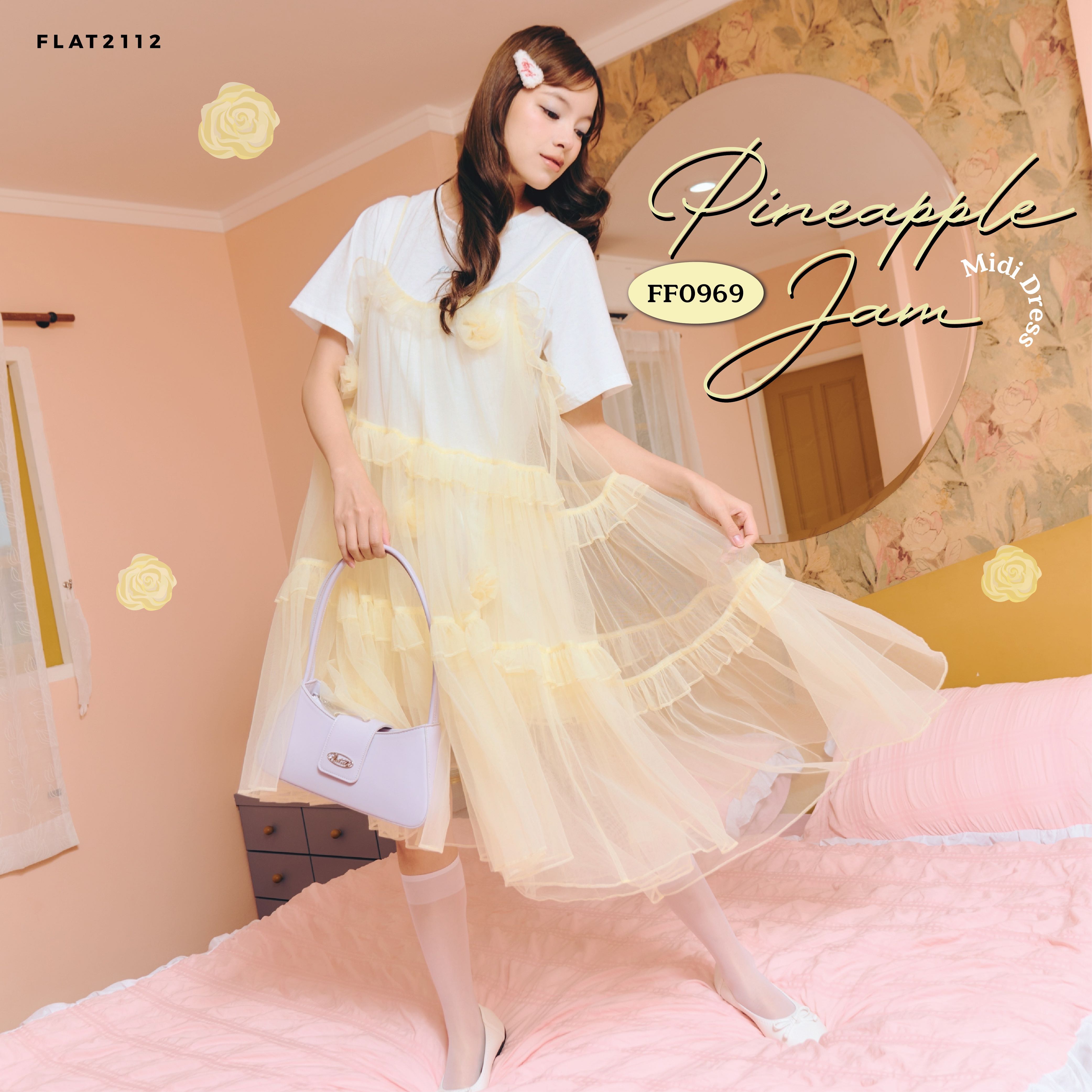FLAT2112 FF0969 : PINEAPPLE JAM MIDI DRESS เดรสยาว ผ้าชีฟอง ชุดเซต 2 ชั้น แฟชั่นผู้หญิง ชุดออกงาน