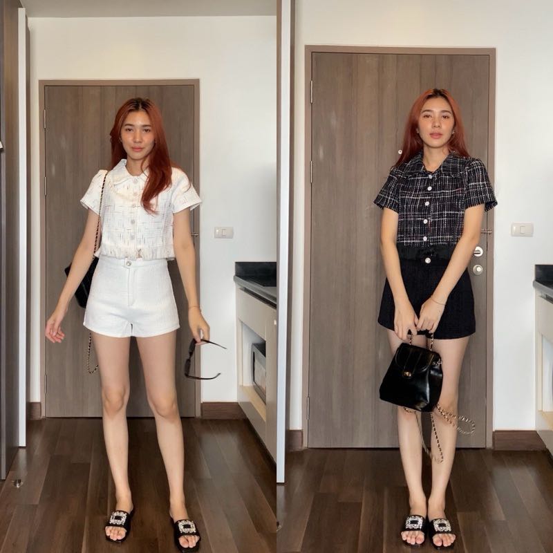 H3เสื้อครอปผ้าทวิตแต่งระบาย