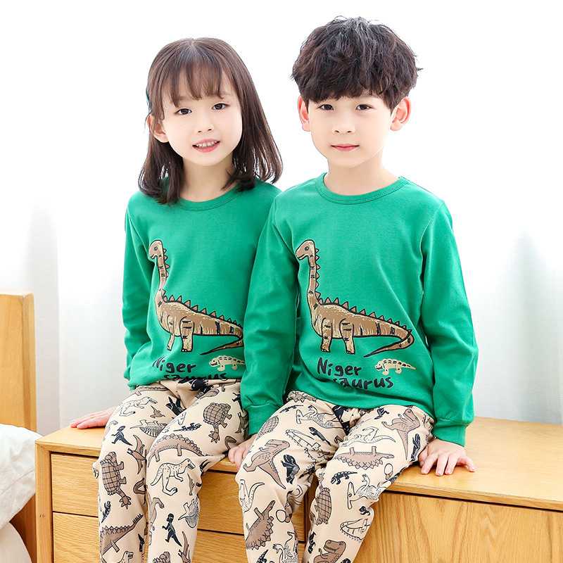 K186 ชุดนอนเด็ก ชุดนอนเด็กลายไดโนเสาร์สีเขียว 100% COTTON