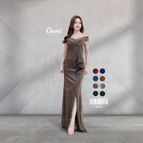 Ommishop ชุดราตรี 5021V ปาดไหล่วีนก ผ้า Glitter เดรสออกงาน ชุดงานแต่ง เพื่อนเจ้าสาว
