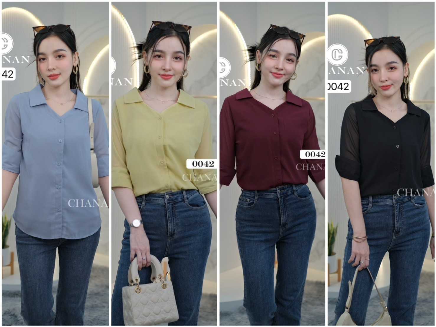 0042   เสื้อเชิ้ตชีฟองแขนยาว สีสวย ใส่สบาย 4สี