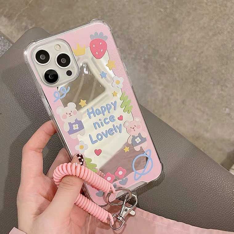 ♡ เคส iPhone : Happy nice lovely กระจกขอบชมพูน้องหมี