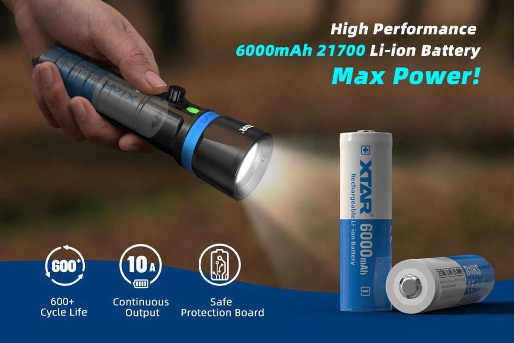 แบตเตอรี่สำหรับไฟฉาย XTAR 21700 ความจุ 6000mAh 10A Max คุณภาพสูง เต็มความจุ ปลอดภัย