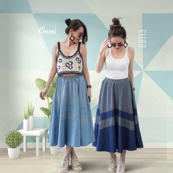 Ommishop 00113 กระโปรงยีนส์ผ้ายืด แต่งผ้าลายสลับผ้าพื้น เอวยางยืด (PUP)