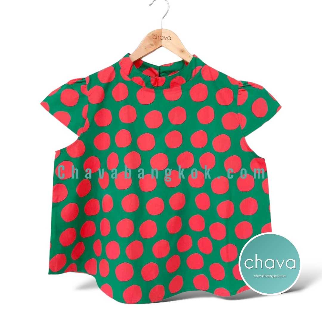 NEW!! เสื้อ Top / BLOUSE คอจีน สีเขียว ลายจุดชมพู POLKA DOT