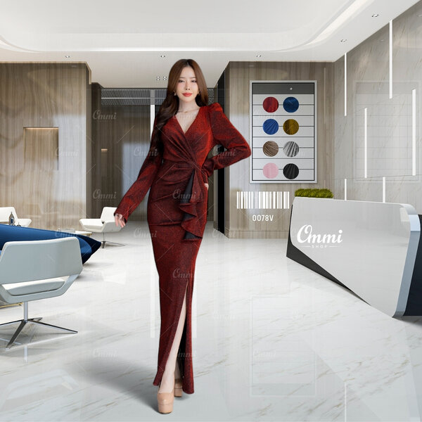 Ommishop ชุดราตรี 0078V คอวี แขนยาว แต่งจีบแขนยก เจ้าหญิง ผ้า Glitter เดรสออกงาน ชุดงานแต่ง เพื่อ...