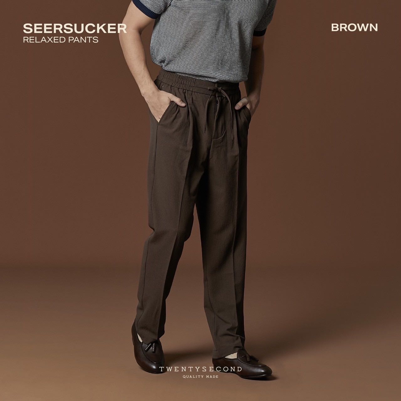 SEERSUCKER RELAXED PANTS - BROWN 