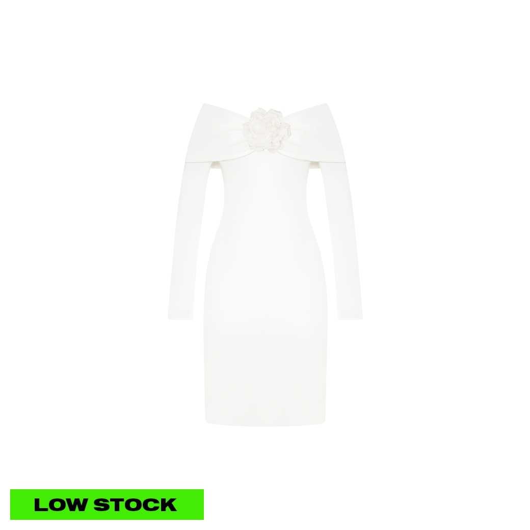 BEATRICE MIDI DRESS WITH DETACHABLE FLOWER PIN - WHITE