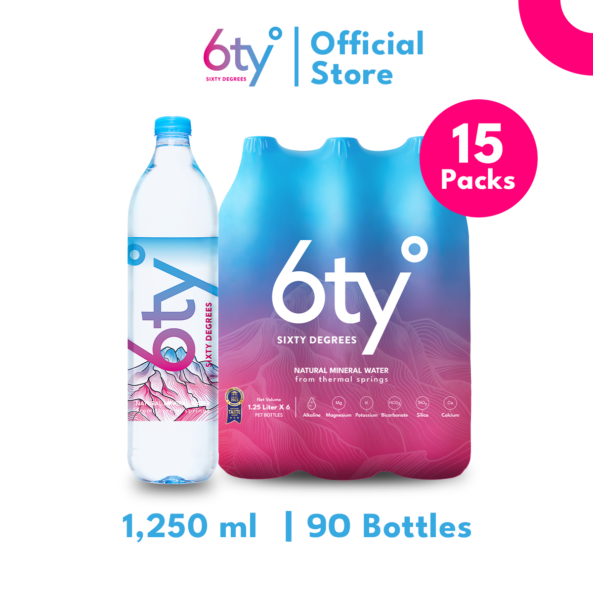 [  1250ml 15 แพ็ก 90 ขวด] น้ำแร่ธรรมชาติซิกตี้ดีกรี 1250 มล. แพ็ก 6 ขวด 15 แพ็ก 90 ขวด