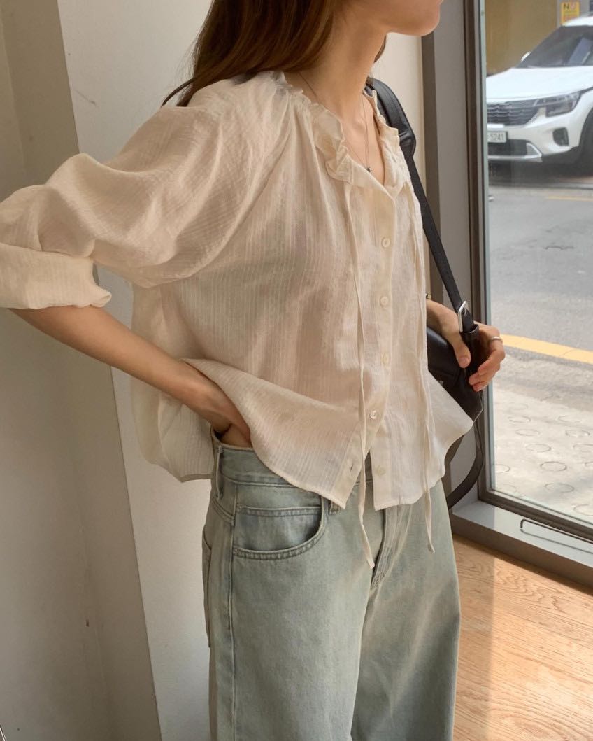 (Restock) OUNCE Rain Blouse (แบรนด์เกาหลีแท้) เสื้อค้อตต้อน ดีเทลผูกเชือกผ้าดีมาก Pre-order 7-10 วัน