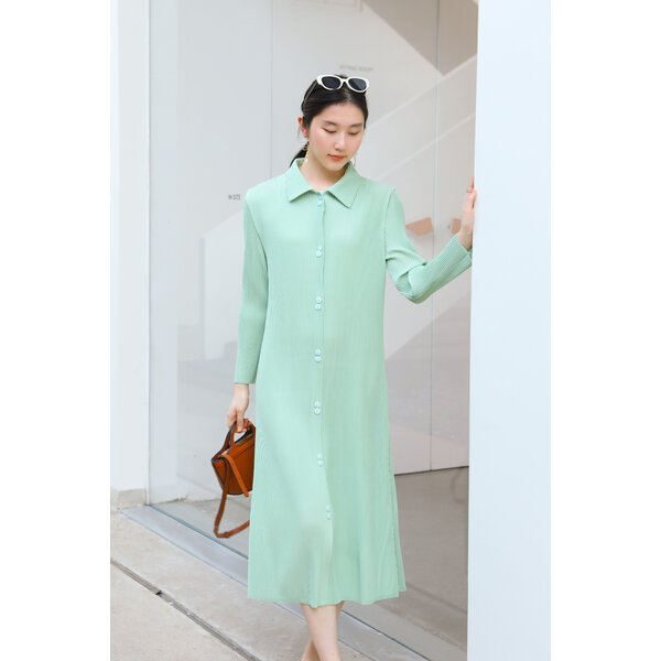 2MUAY รุ่น GJO5062 เดรสพลีทคุณภาพ THICK COLLAR BUTTON FRONT PLEATED DRESS 8 สี FREE SIZE