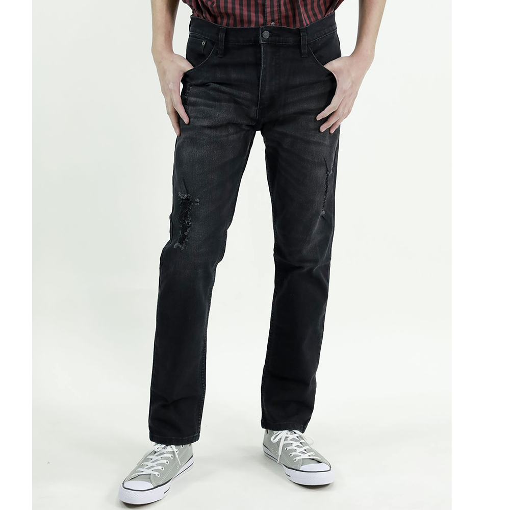กางเกงยีนส์ ผู้ชาย ทรงกระบอกเล็ก ผ้ายืด สีดำ เจียขาด MEDIA JEANS (SN:SS21/6)