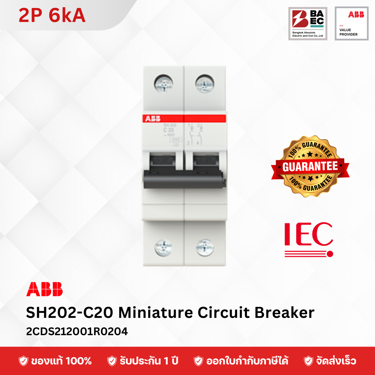 ABB SH202-C20 เซอร์กิตเบรกเกอร์ 20 Amp 2P 6KA