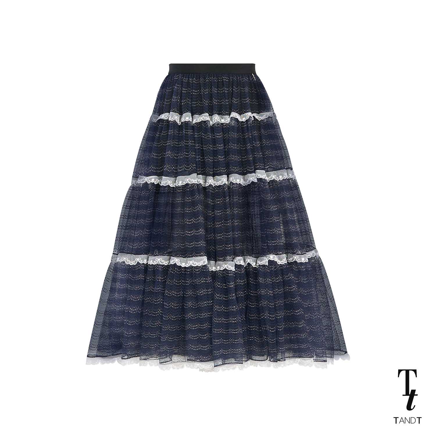 TandT - GIRL CRUSH NAVY SKIRT - LACE TRIMMED TIERED MIDI TULLE SKIRT