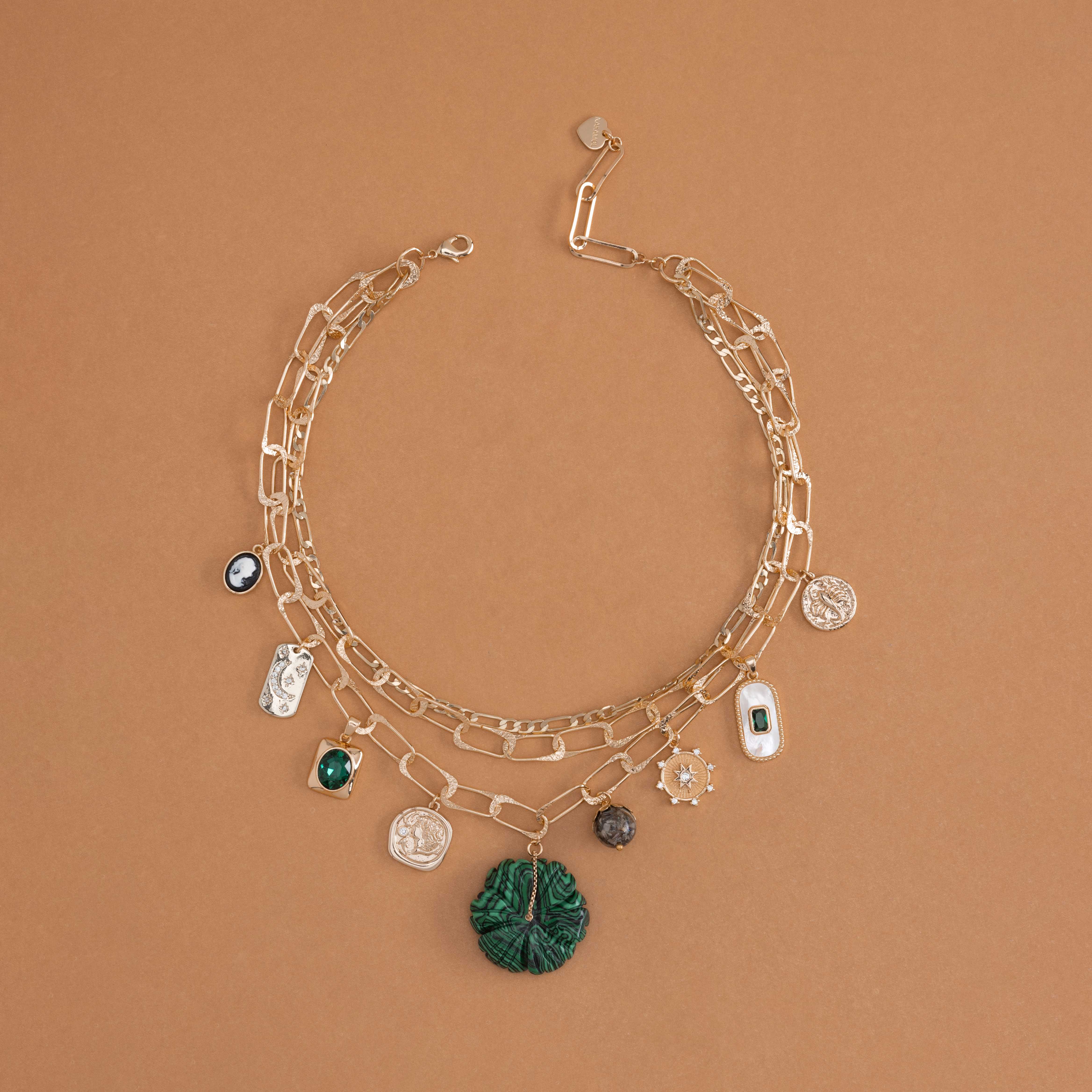 EMERALD GOLD LINK CHARM STATEMENT NECKLACE