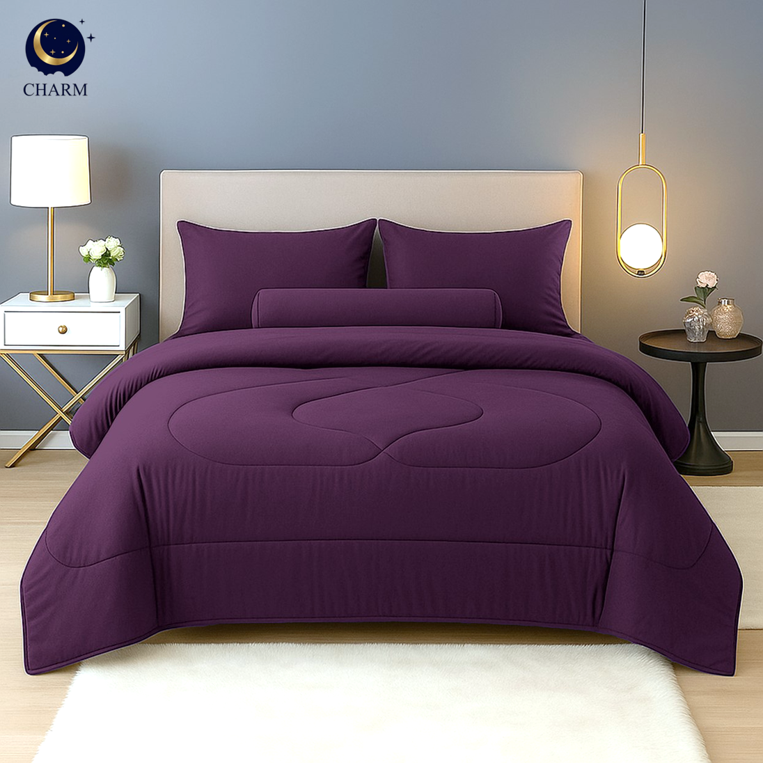 CHARM ชุดเครื่องนอน Classic สีม่วงรอยัล พร้อมผ้านวม (3.5/5/6 ฟุต)