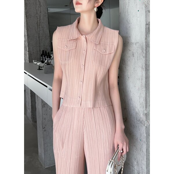 2MUAY รุ่น GJO1795 เสื้ออัดพลีทคุณภาพ SLEEVELESS COLLAR BUTTON FRONT PLEATED 12 สี FREE SIZE