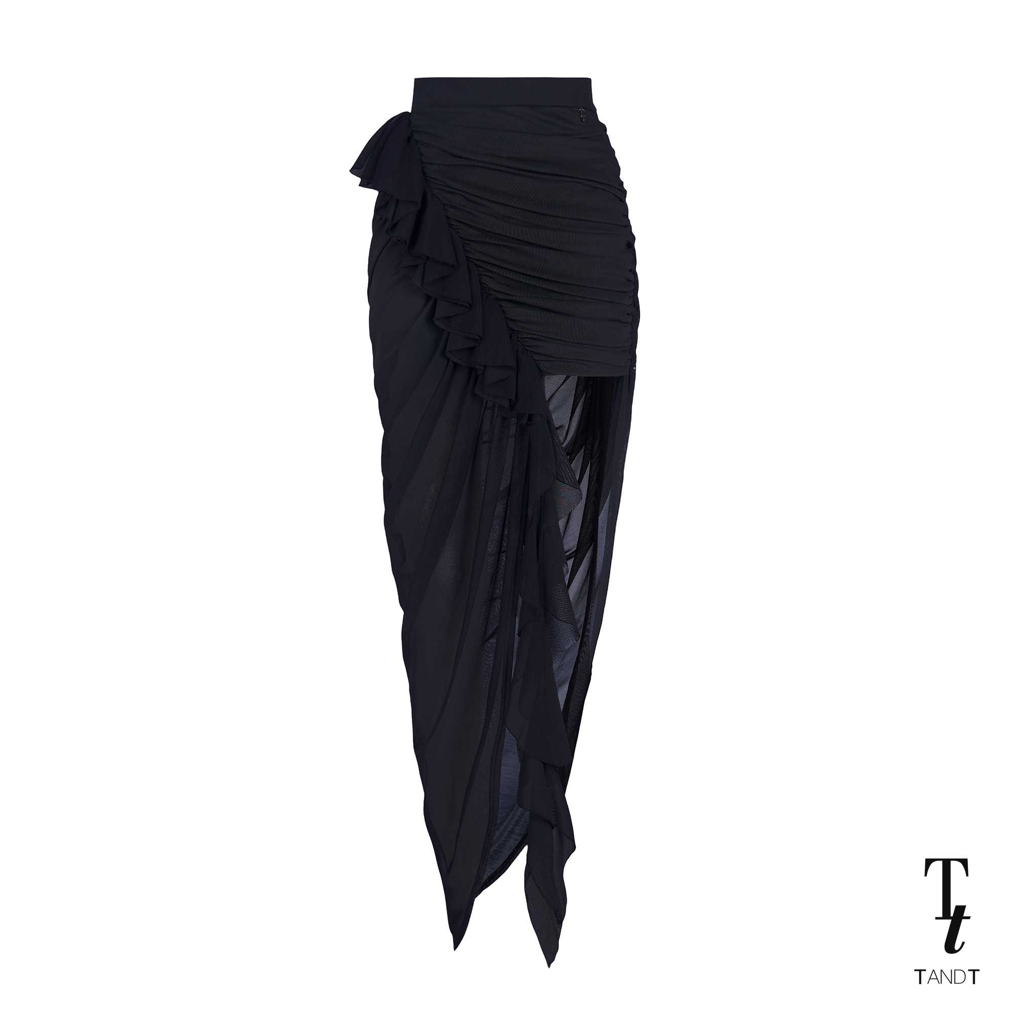 DESYREE BLACK - RUCHED ASYMMETRIC RUFFLE TRIMMED MIDI SKIRT