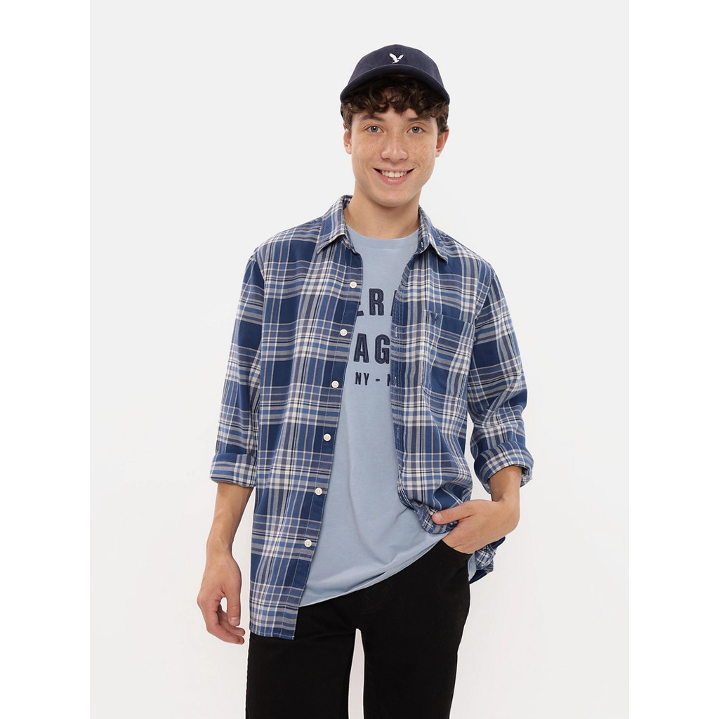 American Eagle เสื้อเชิ้ตผู้ชาย INT SF LENNY PLAID MILO TWILL SHIRT สี BRILLIANT BLUE - 015-2179-423