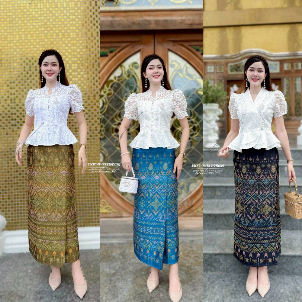 ผ้าถุงใส่ไปวัด ผ้าถุงผ้าไหมแกมฝ้ายทอลาย ลายแพรวา งานป้ายสำเร็จซิปซ่อนหลัง มี S-2XL  อัดกาวทั้งผืน