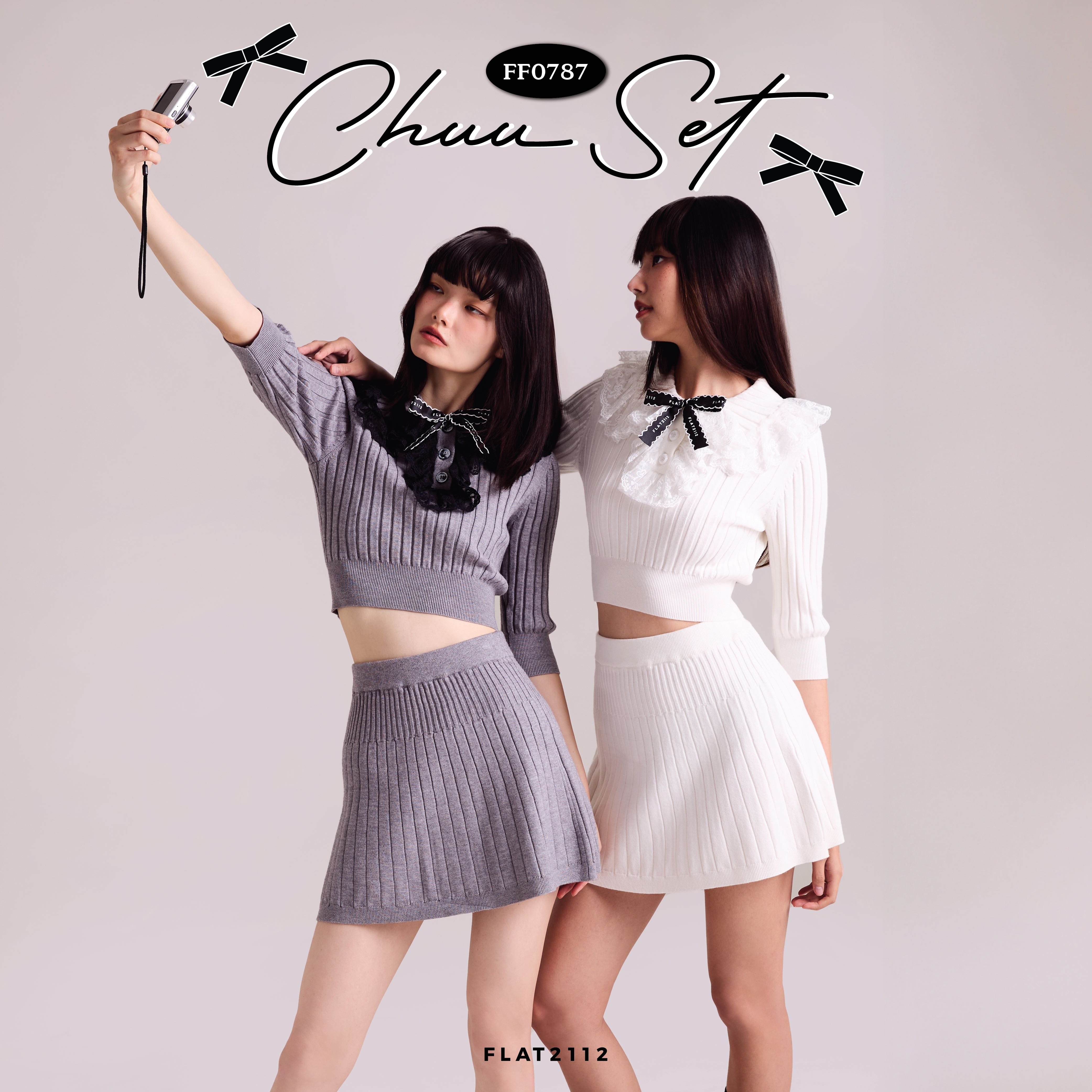 FLAT2112 FF0787 : CHUU SET ชุดเซตไหมพรม เสื้อแขนศอกกระโปรงทรงเอ แต่งระบายที่ปก