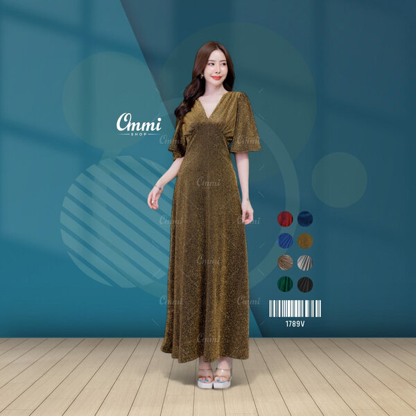 Ommishop ชุดราตรี 1789V แขนสั้นคอวี ผ้า Glitter เดรสออกงาน ชุดงานแต่ง เพื่อนเจ้าสาว