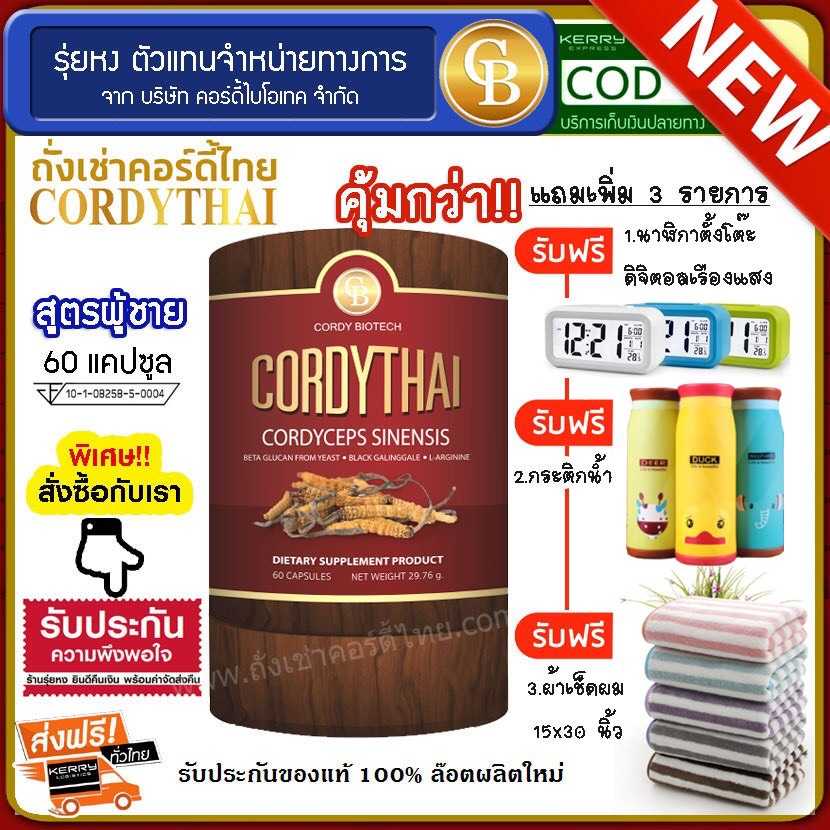 Cordythai ถั่งเช่าคอร์ดี้ไทย สูตรชาย 1กระปุก (60 แคปซูล) ฟรี นาฬิกา กระติก ผ้าเช็ดผม