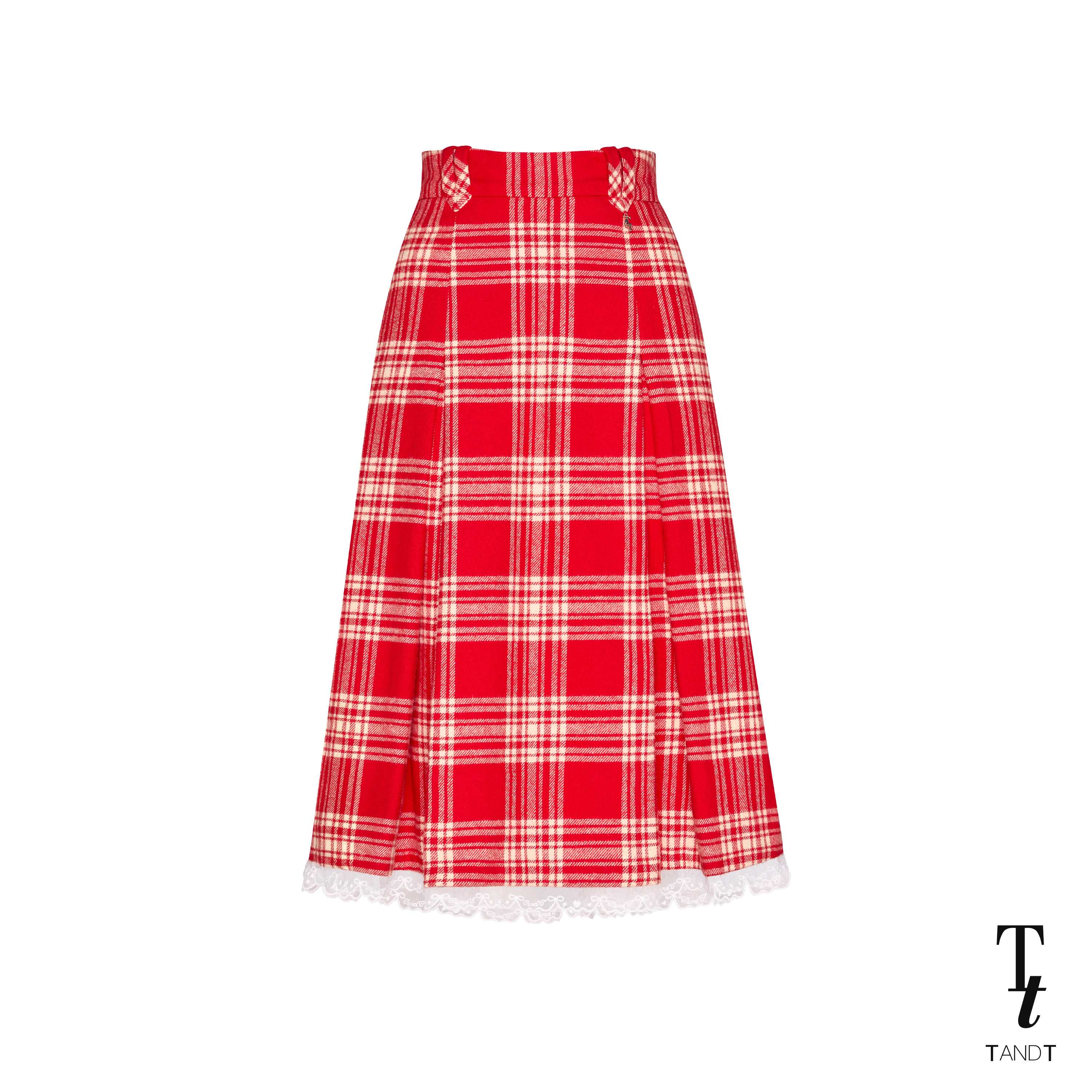 TandT - CRUZ SKIRT - LACE TRIMMED HEM CHECKED PLEATED MIDI SKIRT