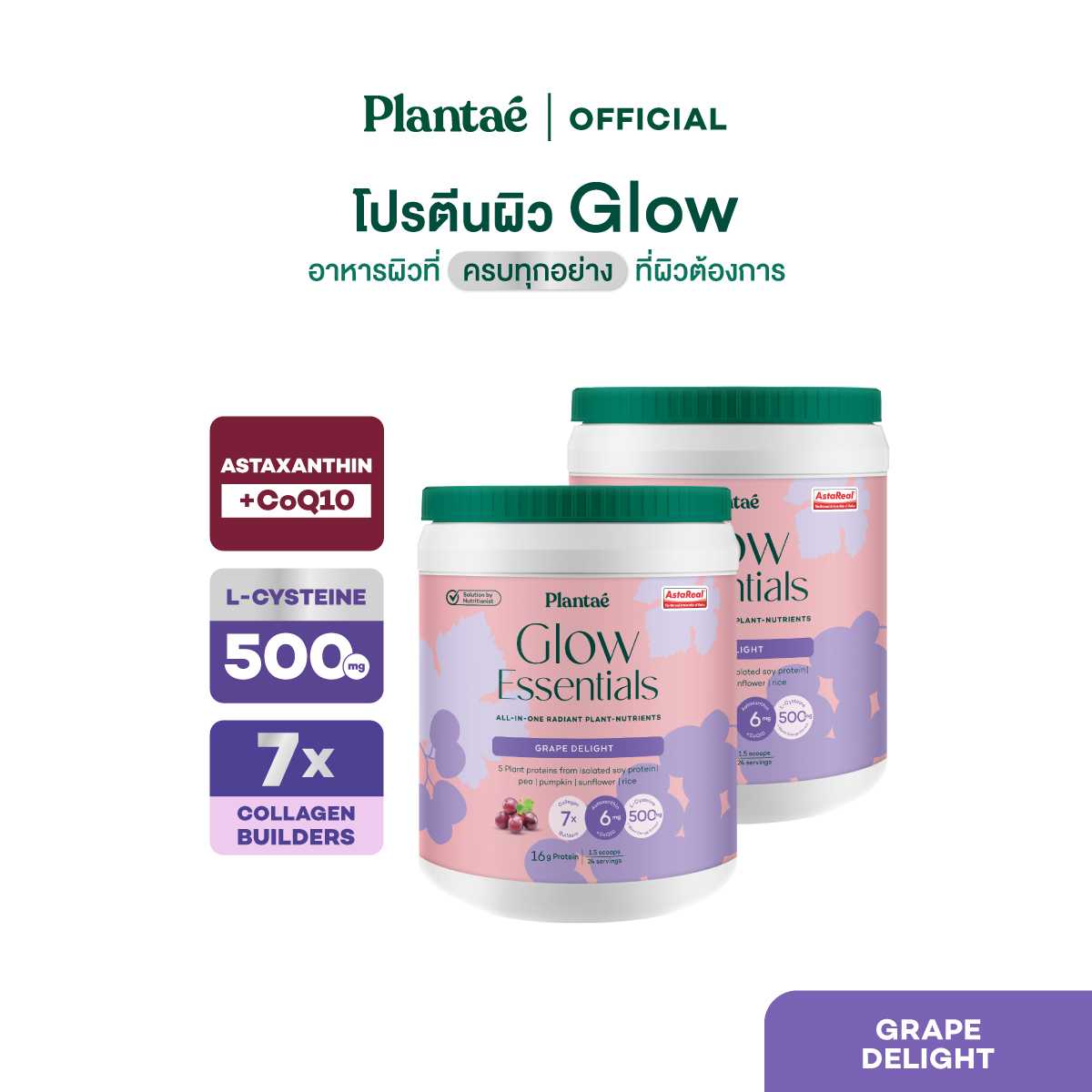 Plantae Glow Essentials : รส Grape Delight 2 กระปุก ขนาด 600g โปรตีนพืช อาหารผิว Astaxanthin CoQ10