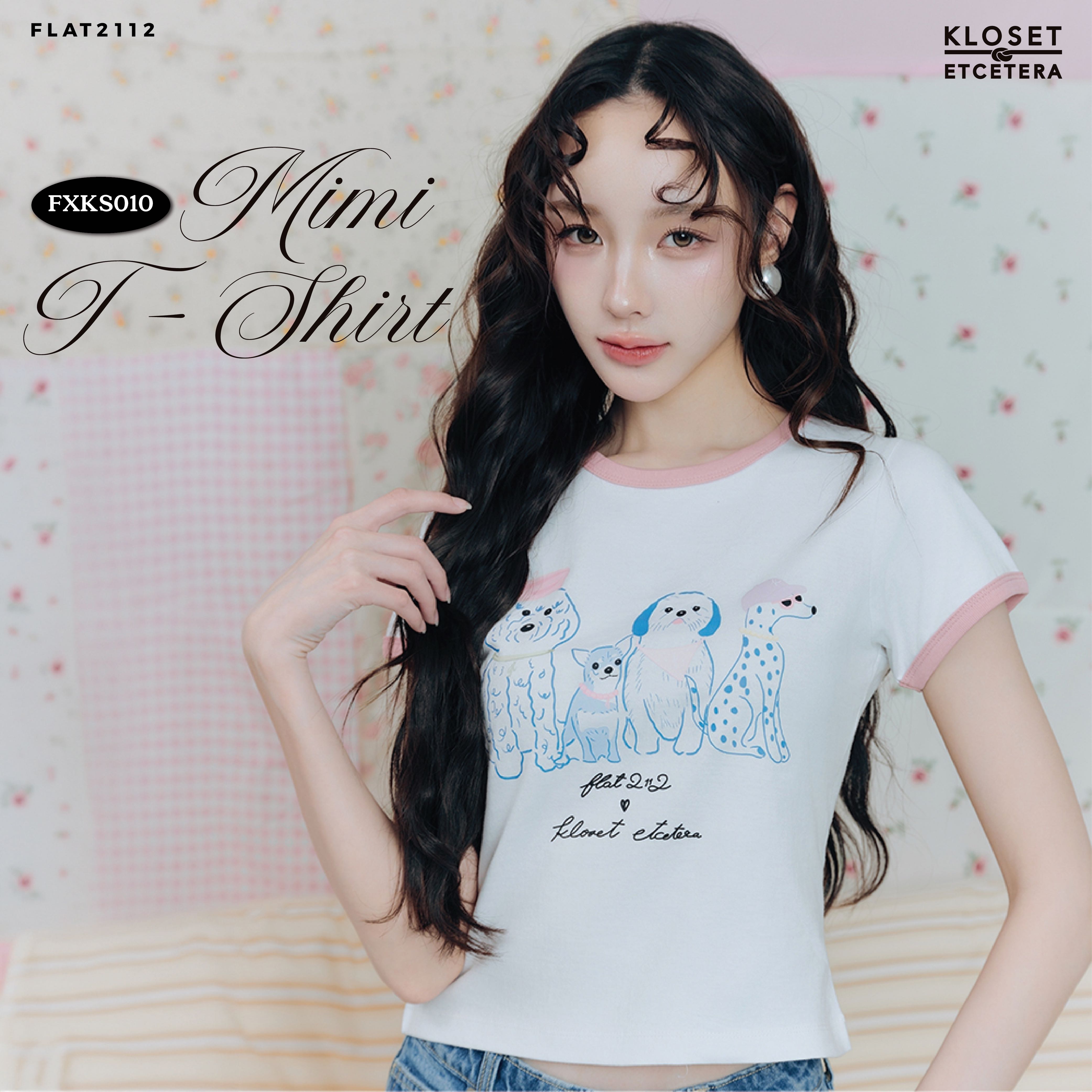 FLAT2112 : MIMI T-SHIRT เสื้อเบบี้ทีสีขาวชมพู ลายน้องหมา เสื้อยืดผู้หญิงน่ารัก (FXKS010)
