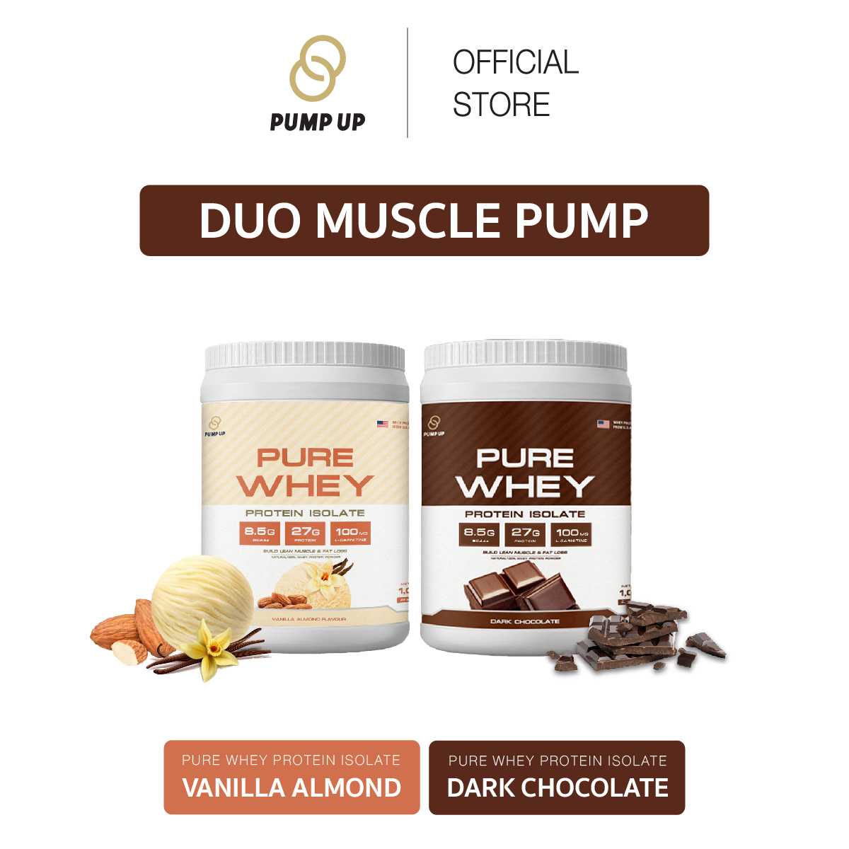 [Bundle Set] PUMP UP Whey Protein Isolate100% Dark Choco + Whey Protein Isolate100% Vanilla Almond
