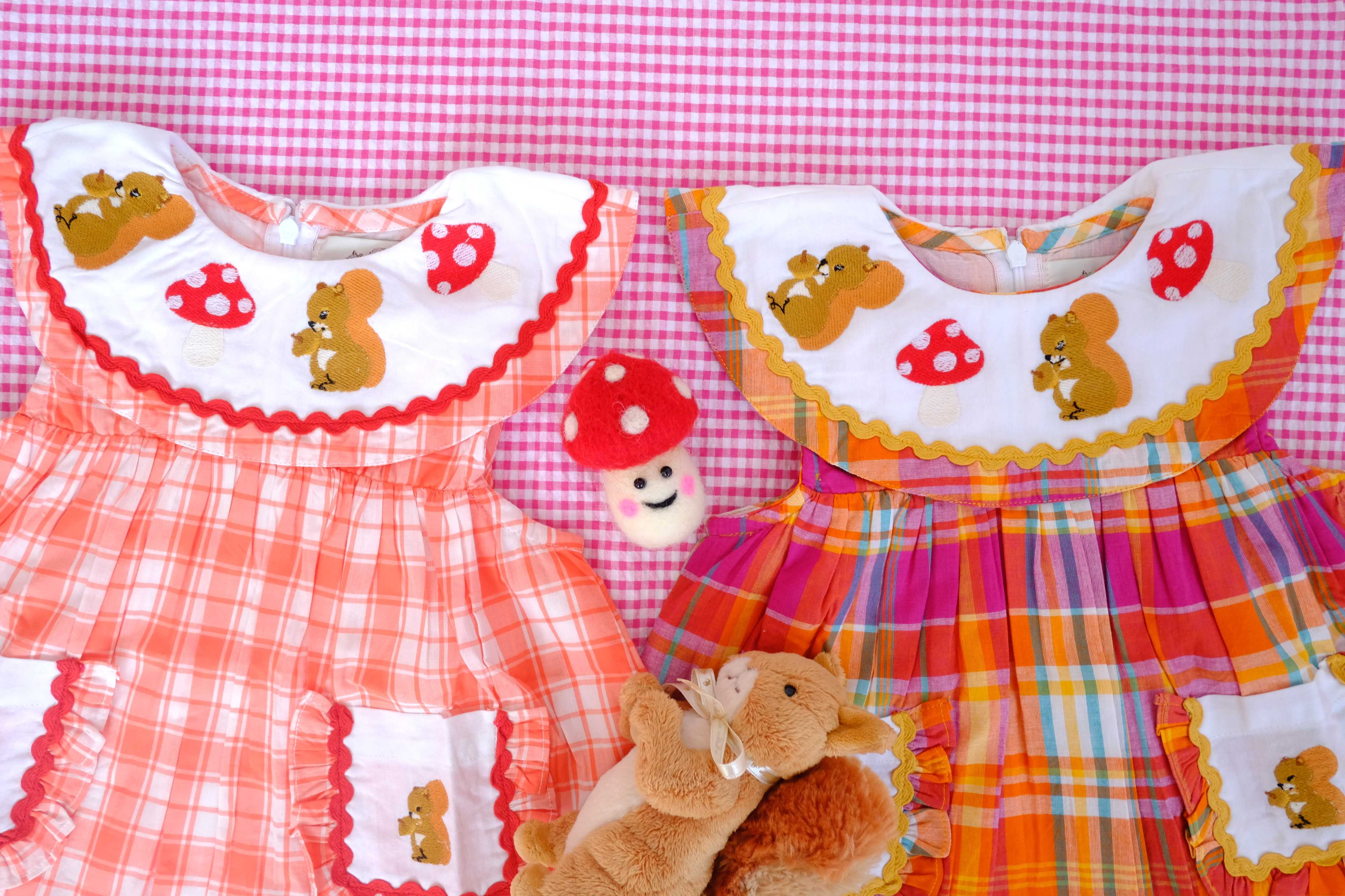 Little Squirrel Dress (Orange/Rainbow Tartan)