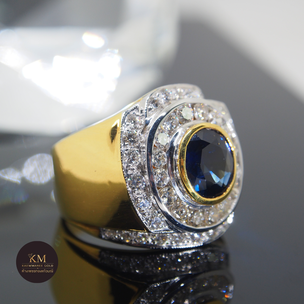 แหวนเพชร Diamond Pave Round Blue Sapphire Men Collection Ring (90% Gold)