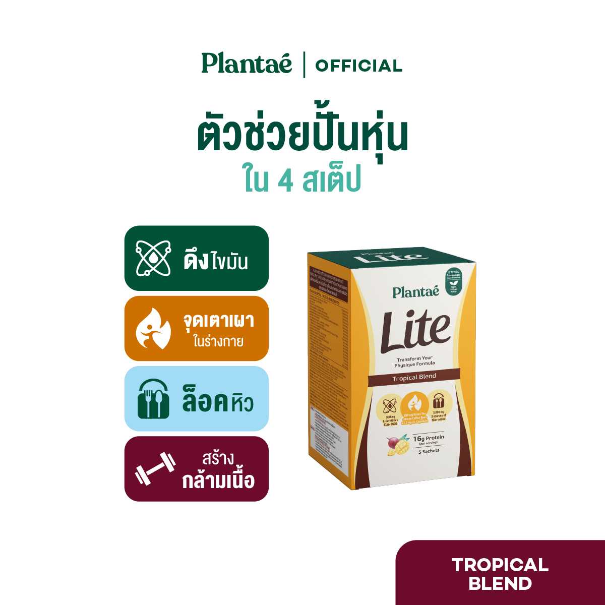 Plantae Lite Protein : รส Tropical Blend 1 กล่อง 5 ซอง โปรตีนพืช ล็อคหิว L-Carnitine
