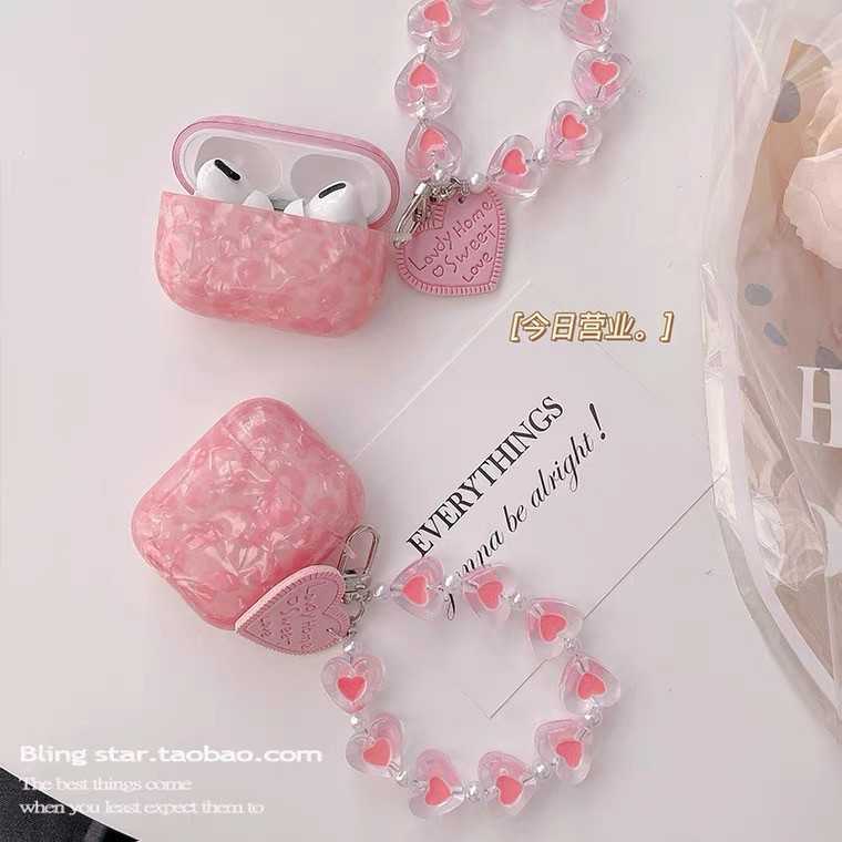 ♥ เคส Airpods : Rose pink น้ำแข็งสีชมพู+พวงกุญแจลูกปัดหัวใจ