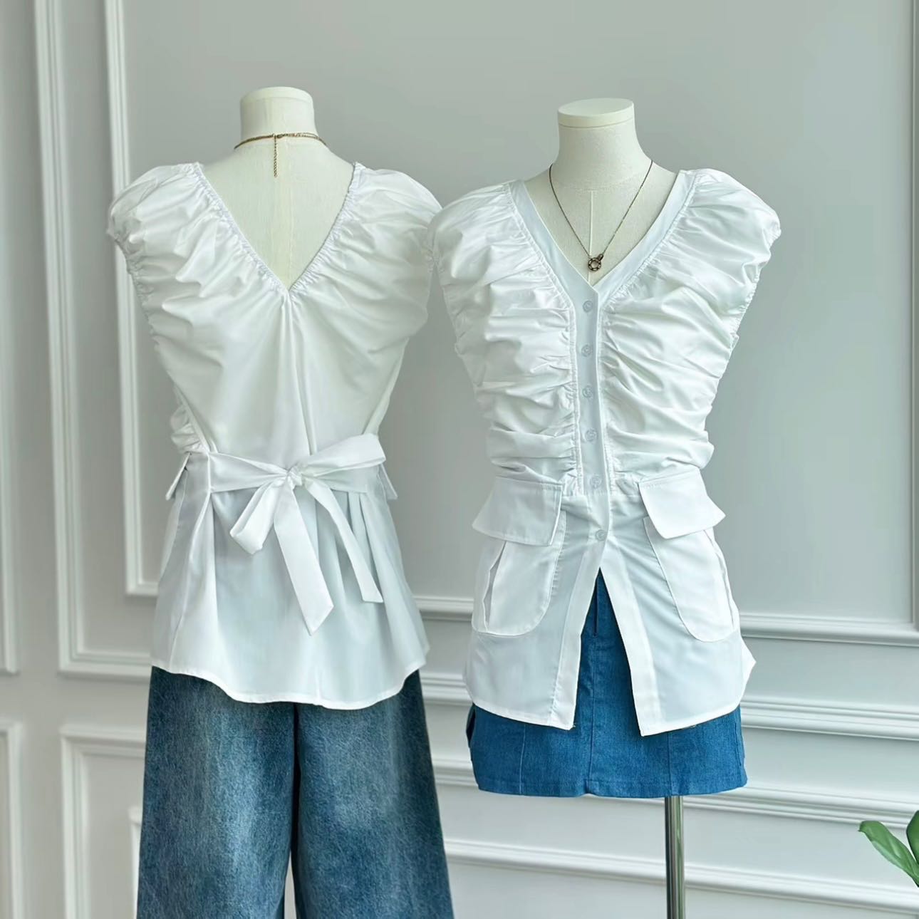 พร้อมส่ง‼️GMG เสื้อแขนสั้นผ้าคอตตอนพรีเมี่ยม ทรงเสื้อคอวี ดีเทลจับจีบรอบอก แขนพอง แต่งกระเป๋า 2 ข้าง