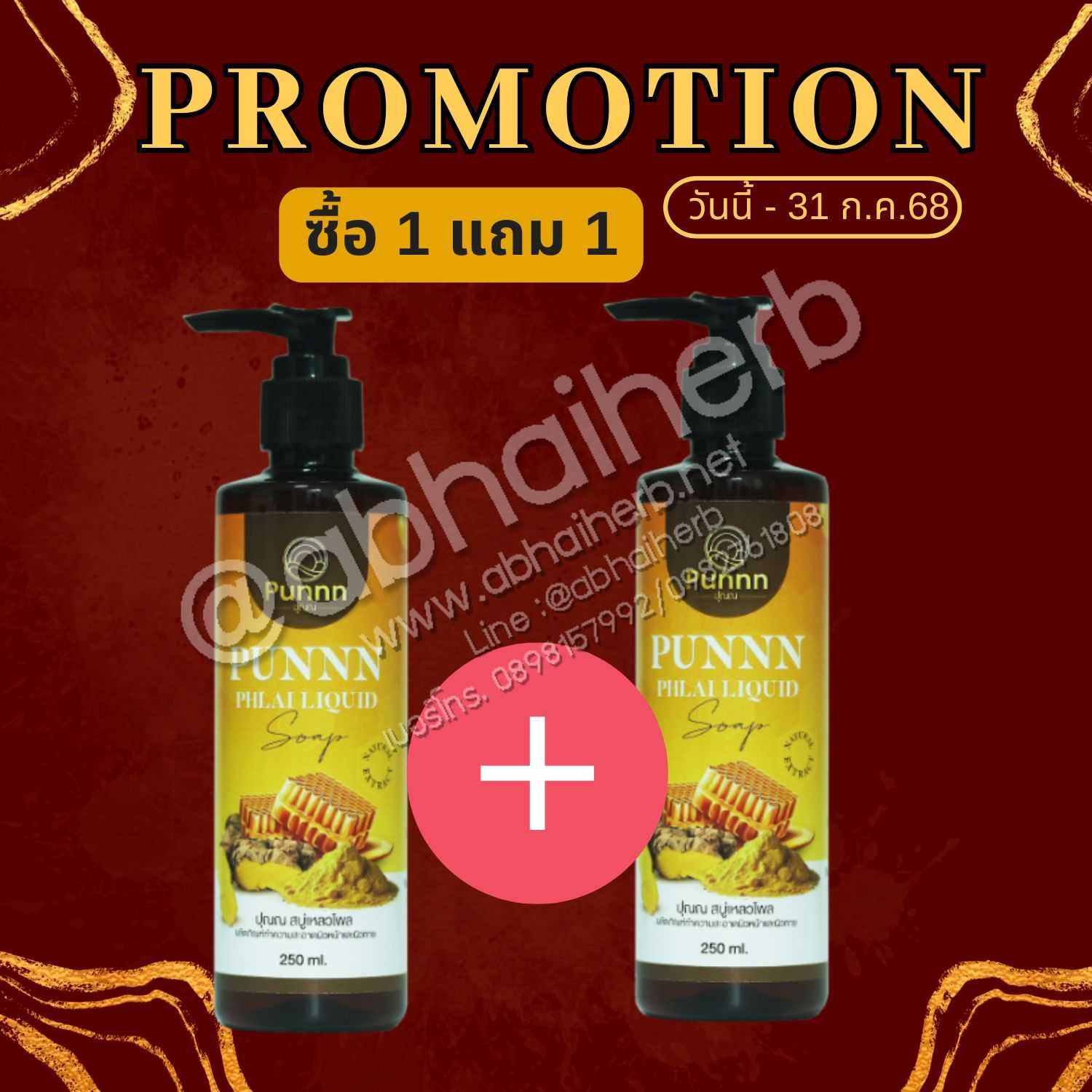 โปรโมชั่นซื้อ 1 แถม 1 ปุณณ สบู่เหลวไพล