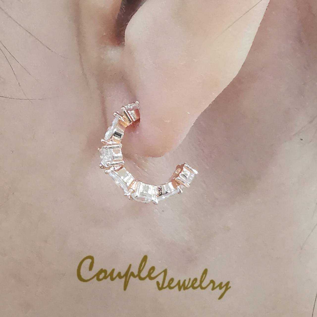 Couple jewelry ต่างหูเงินแท้925  สวยหรู ชุบPink gold แป้นทรงห่วง ครึ่งวง ฝังเพชรคิวบิกเซอร์โคเนีย