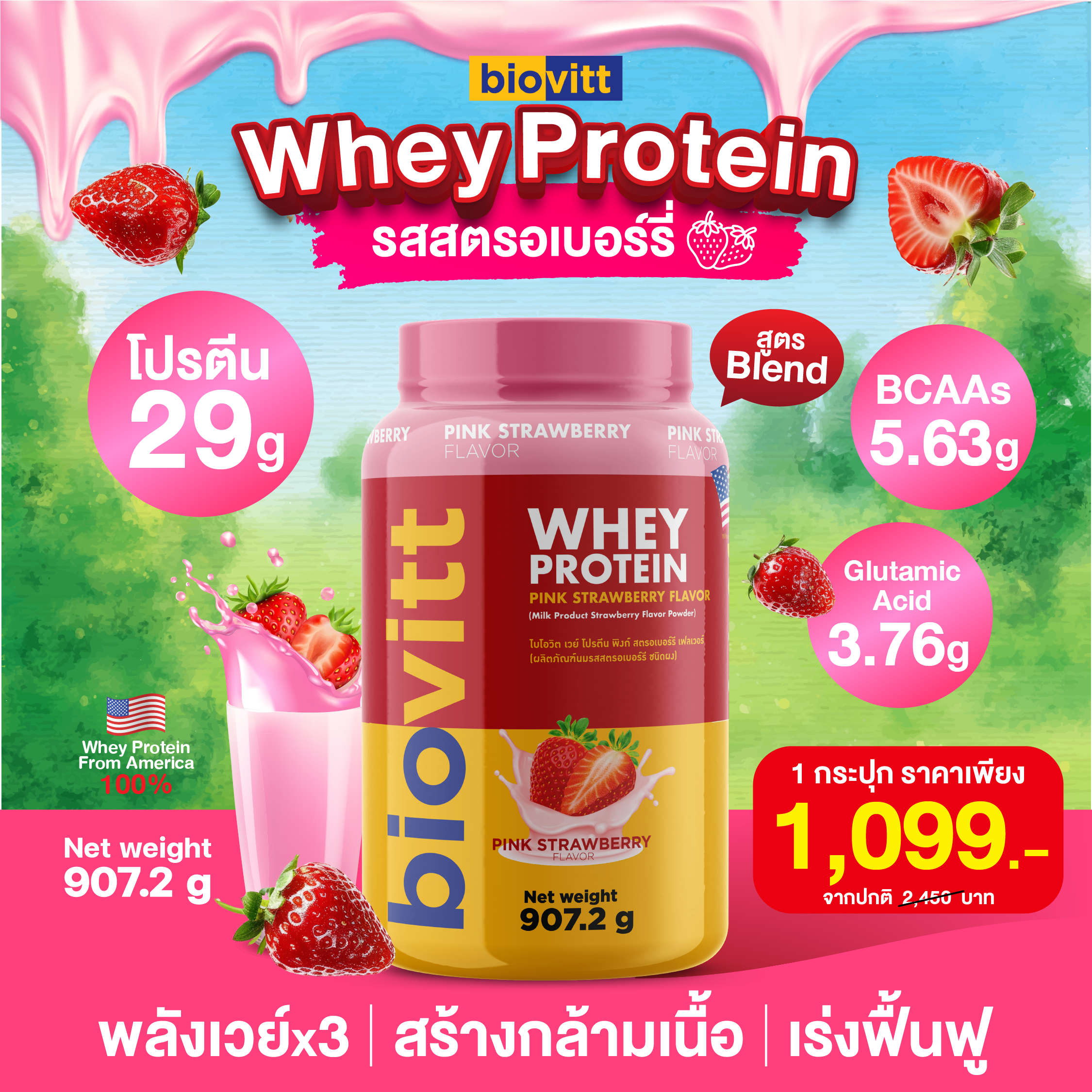 whey BLEND Pink Strawberry  กล้ามแน่นฟู เพิ่มกล้ามเนื้อ | ขนาด 907.2 กรัม