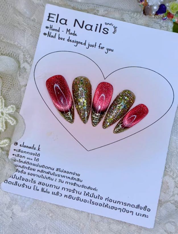 เล็บเจลสีแดงลูกแก้วขัดปลายทอง+กริตเตอร์