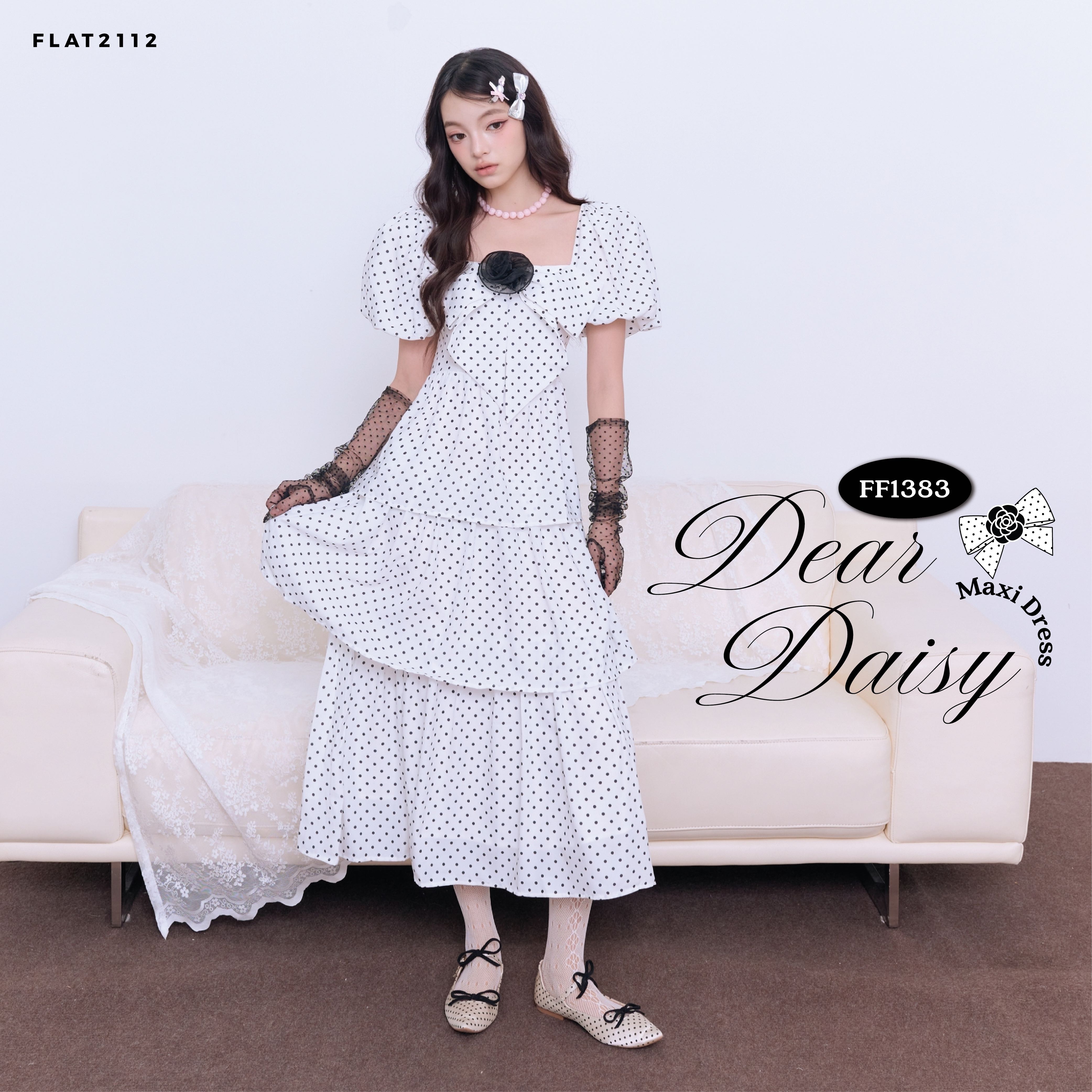 FLAT2112 DEAR DAISY MAXI DRESS เดรสยาวระบายชั้นแขนพอง พรางหุ่นลูกคุณ ใส่แล้วดูผอม แม่ๆใส่ได้(FF1383)