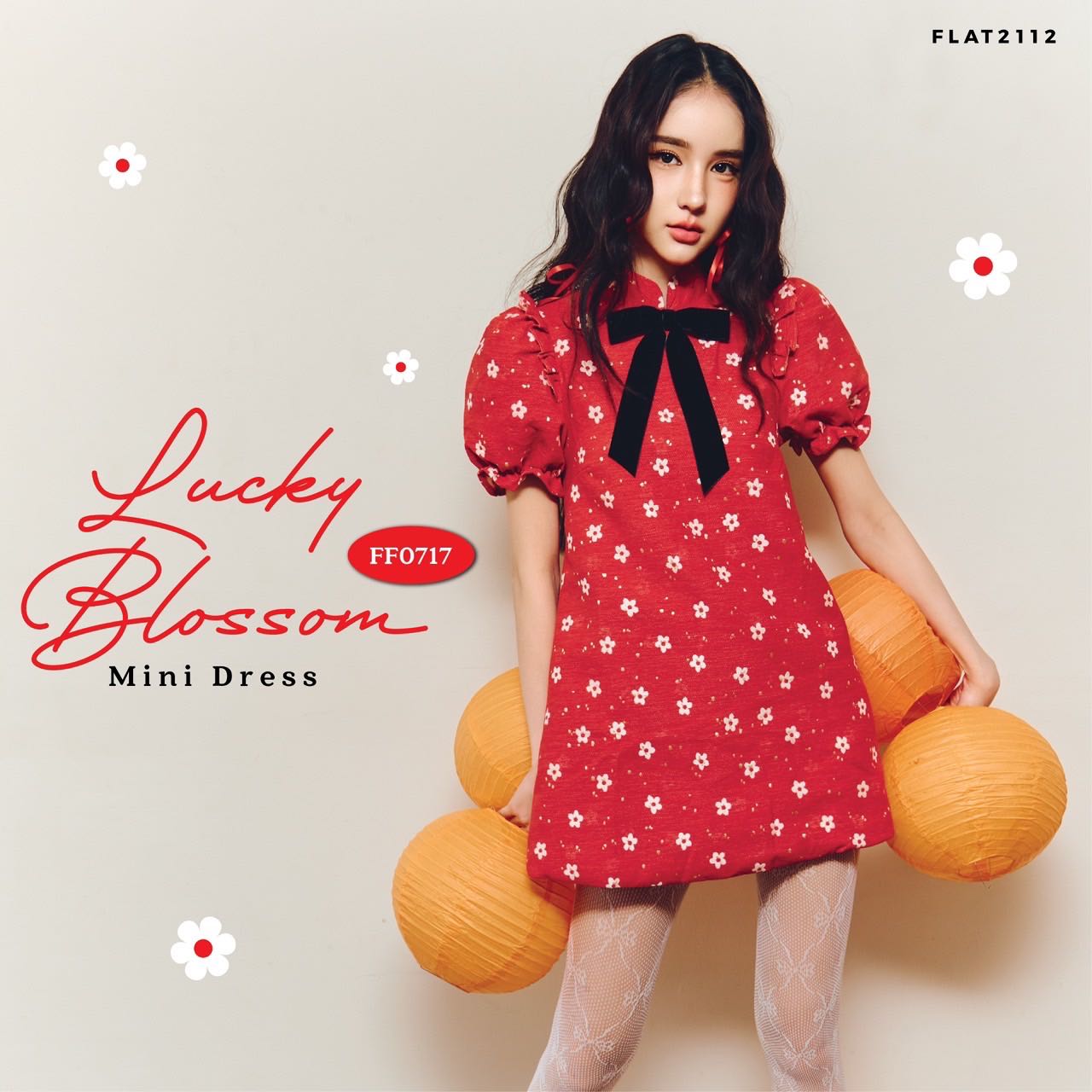FLAT2112 FF0717 : LUCKY BLOSSOM MINI DRESS มินิเดรสแขนตุ๊กตาลายพิมพ์ดอกไม้ ชุดตรุษจีน