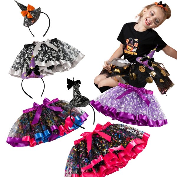 พร้อมส่ง ฮาโลวีน เสื้อยืดดำ / กระโปรงระบายแต่งโบว์เอว พร้อมที่คาดผม