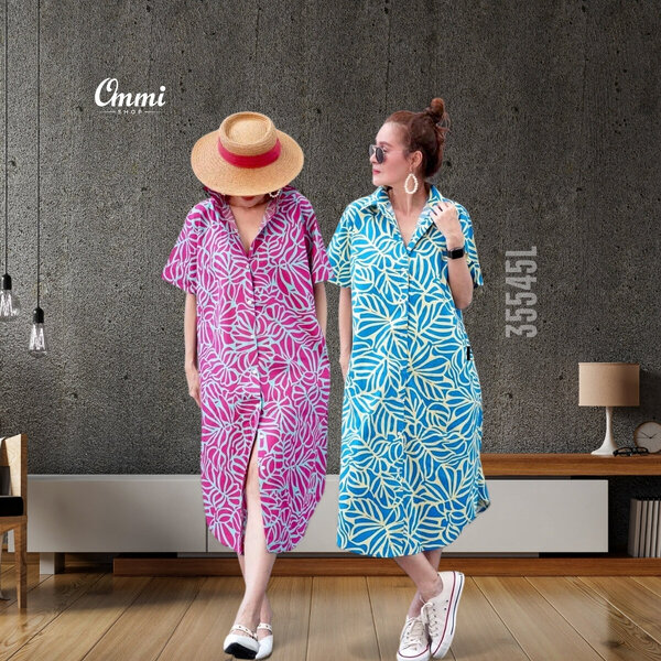 Ommishop 35545L ชุดเดรสแฟชั่น ปกเชิ้ตแขนสั้นชายโค้ง ลายใบไม้ Cotton Japan 100% (Bonus)[35545]