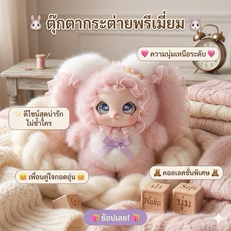 ตุ๊กตากระต่ายหูใหญ่ สีม่วงพาสเทล หน้าไวนิลตาฟ้ากลิตเตอร์ ชุดขนฟู Faux Fur นุ่มพิเศษ