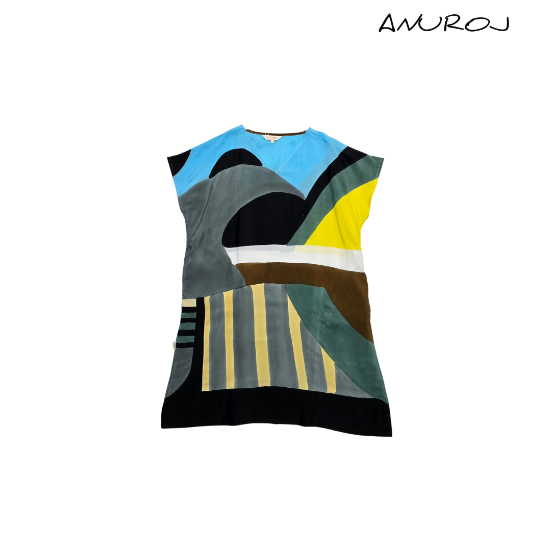 (พร้อมส่ง) Short Dress V Neck Cotton Silk Hand Paint Free Size