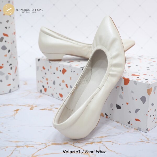 ทรงปกติ:เปลี่ยนไซส์ได้-ไม่รับคืน::Zenachoo รุ่นขายดี Velarie1 สูง 1นิ้ว สี Pearl White รองเท้าหัว...