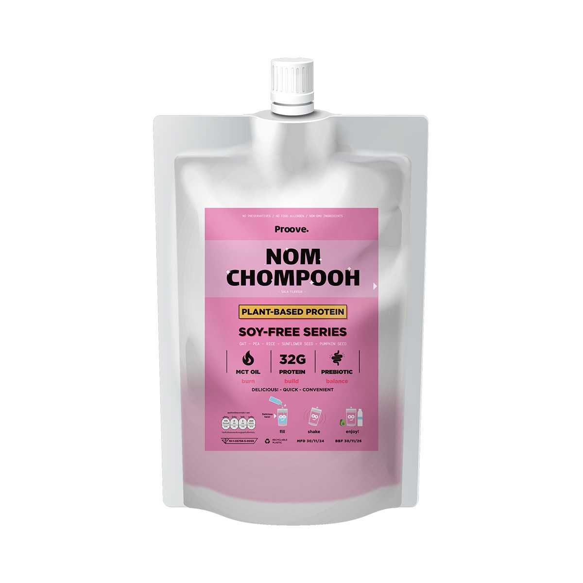 Proove โปรตีนพืช ดื่มง่ายมาก ขนาดพกพา รสนมชมพู ดื่มง่าย ไม่สากคอ โปรตีน 32g/scoop