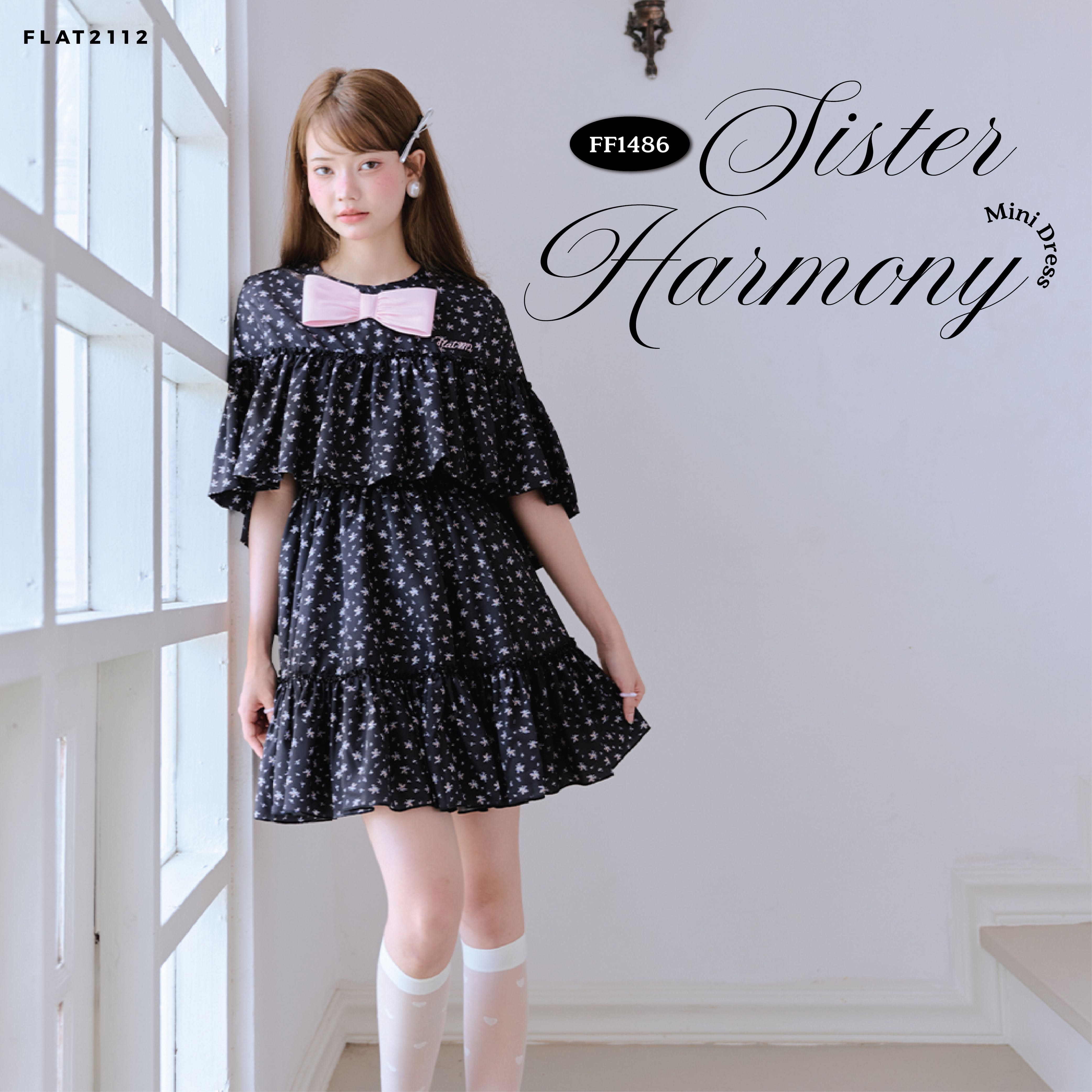 FLAT2112 : SISTER HARMONY MINI DRESS เดรสสั้นสีดำลายดอกโบว์ชมพู เดรสระบายหลายชั้น(FF1486)